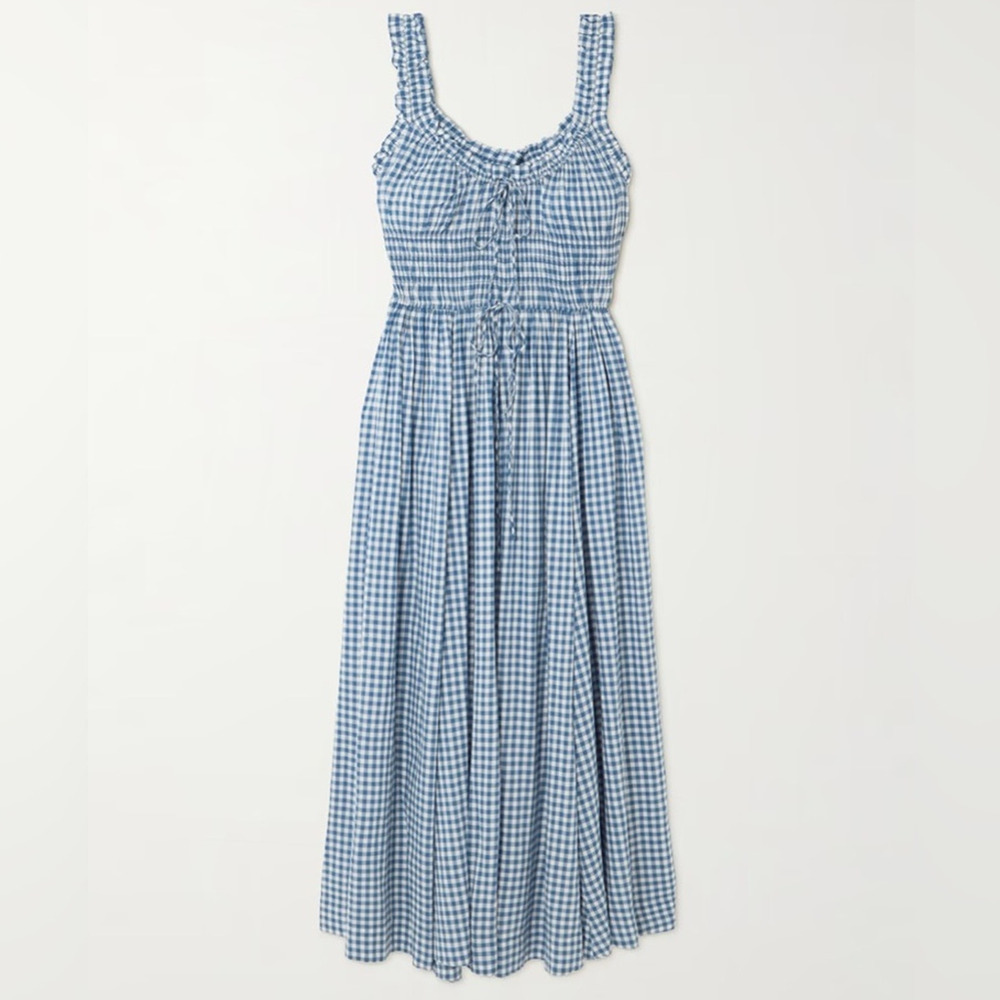 NWT Doen Emmaretta Cotton Voile Smocked A Line Midi Maxi Dress Blue Gingham - Picture 13 of 13